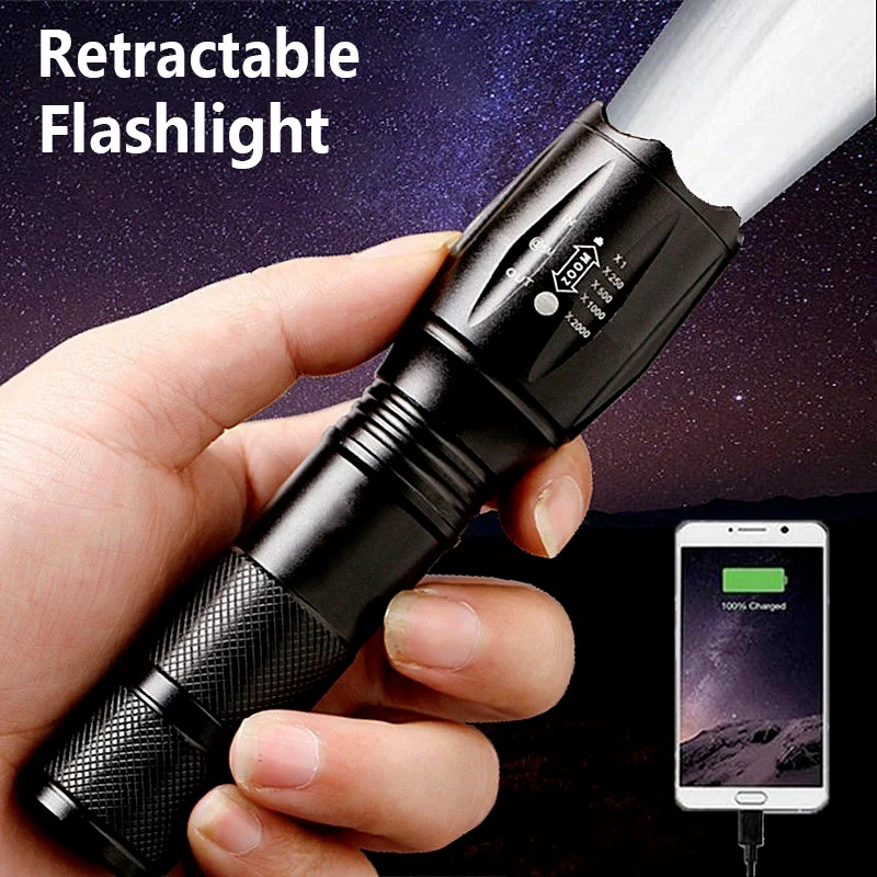 Powerful T6 LED Flashlight Aluminum Alloy Zoom Flashlight Portable Torch USB Rechargeable Outdoor Camping Tactical Flash Light  - buy with discount
