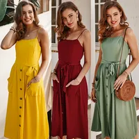 Women's Dresses Summer Solid Cami Dress Multi-Pockets Button Decor