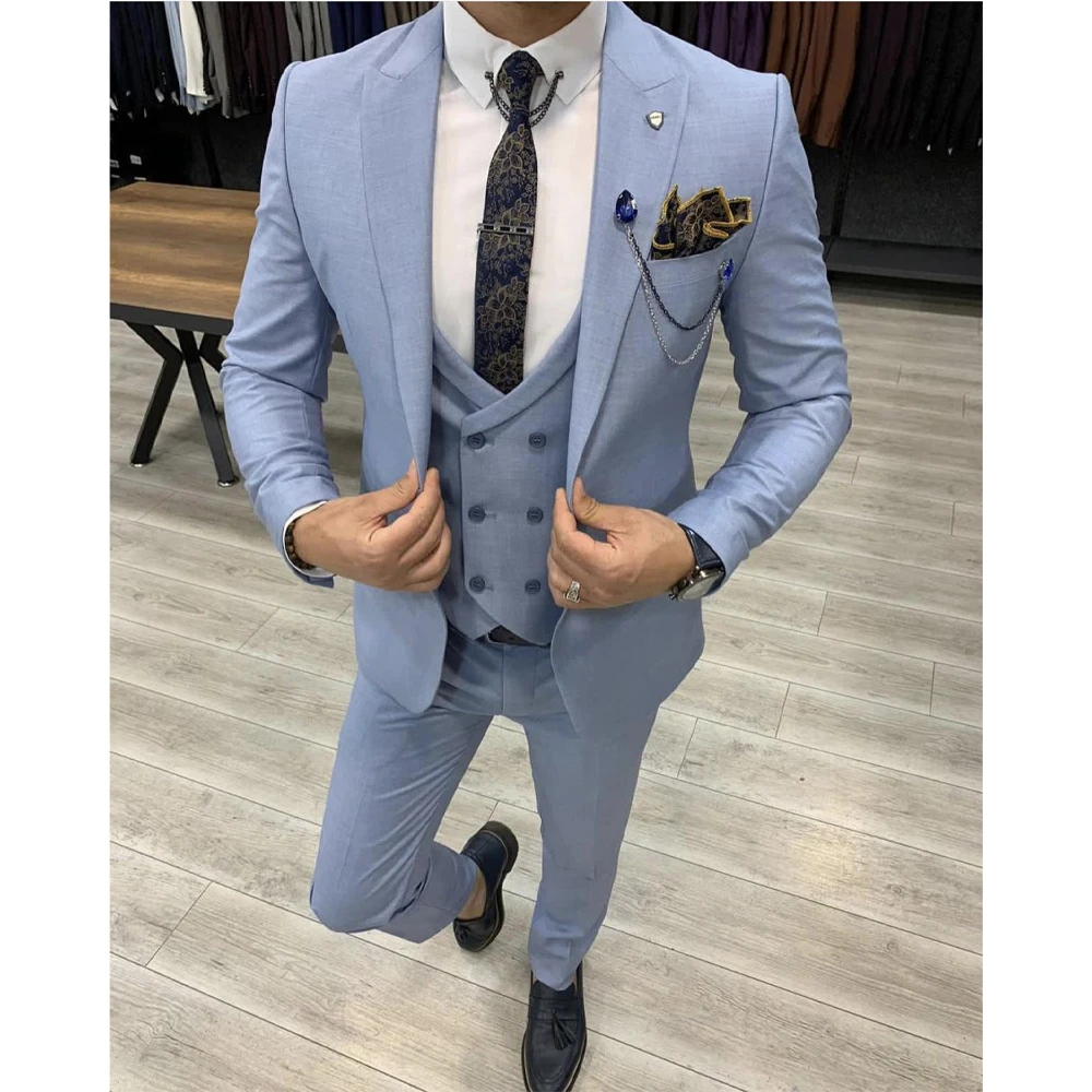Wide Peaked Lapel  Men Suits for Wedding Groom Tuxedo Blazer 3 Piece Coat Pants Slim Fit Terno Masculino Costume Homme
