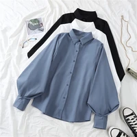 autumn winter women blouse new shirts big lantern sleeve blouse stand collar shirts office work long sleeve white blouse solid