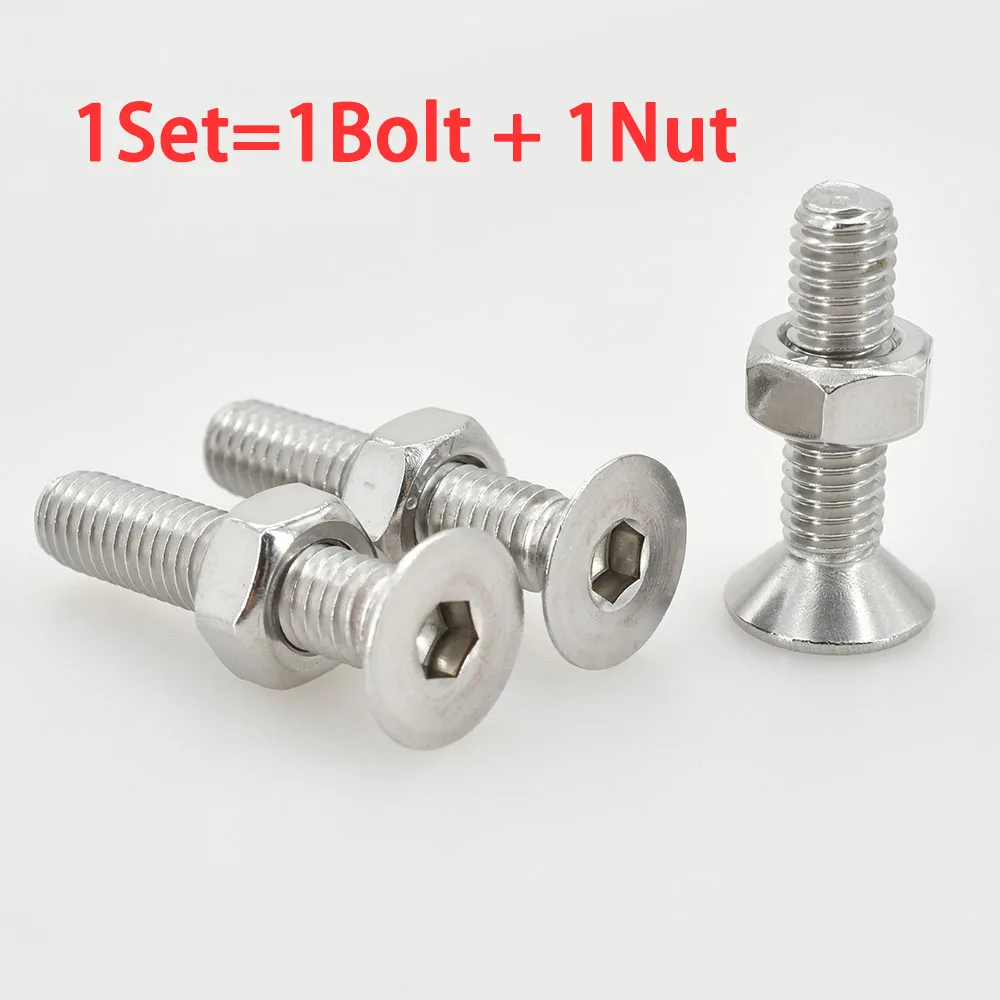 

M2 M3 M4 M5 M6 M8 M10 Набор плоских шестигранных винтов и гаек из нержавеющей стали, шестигранный болт с потайной головкой, винты с потайным двигателем, гайки