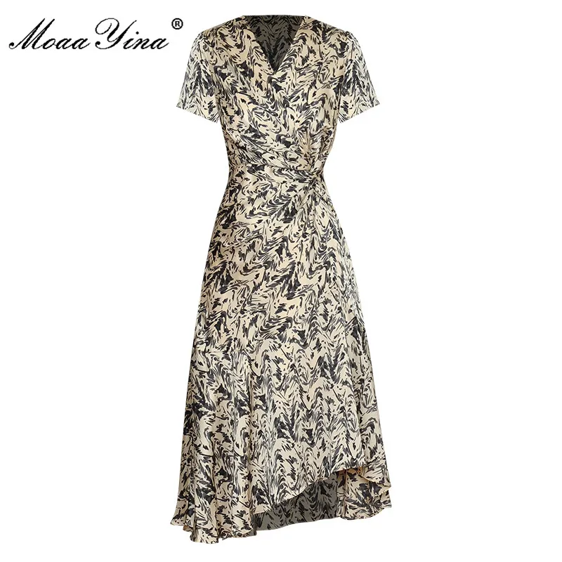 

MoaaYina Fashion Runway dress Summer Women Dress V Neck Short sleeve Folds Print Vintage Asymmetrical Vacation Party Dresses