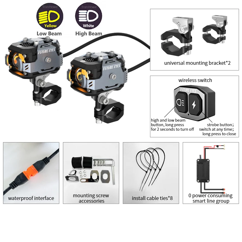 

Future Eyes F150 Мотоцикл Светодиодный прожектор 6000LM Электромобиль Вспомогательная дорога Дальний и ближний свет Тангентный свет Мигающая линза