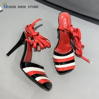 women heels striped color high heels womens 2022 summer new super high heel square toe color matching ankle strap sandals