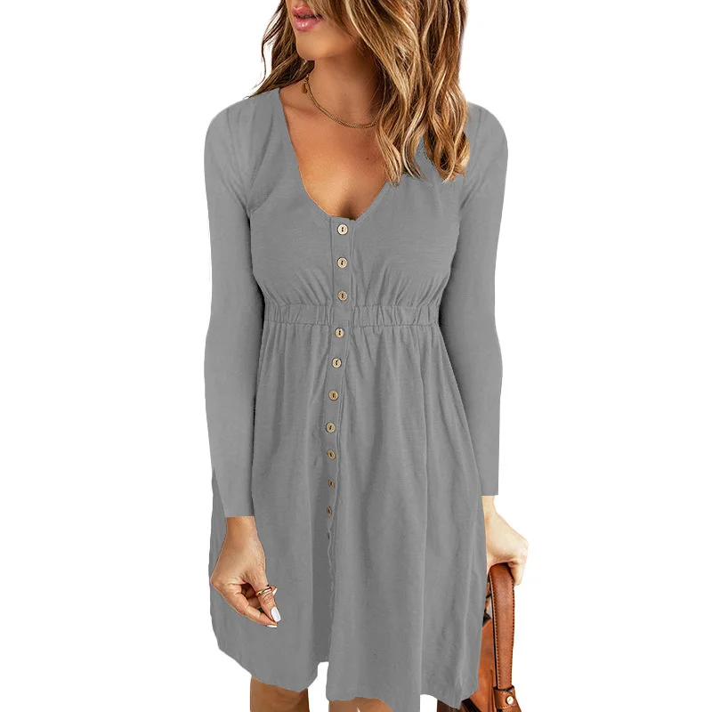 2022 New Spring And Summer Cool Dress Women's Solid Color Jumpsuit Middle Skirt Sexy V-neck Waist Closed Dress
