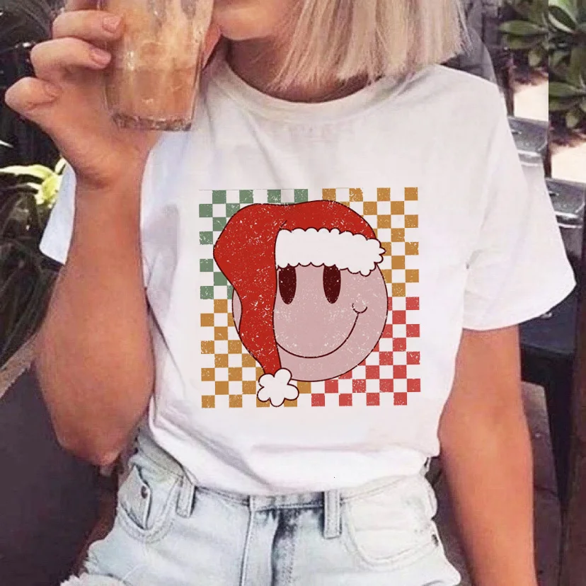 

Женская забавная Милая Рождественская и новогодняя Праздничная футболка с коротким рукавом с рисунком 2022 Футболка Топ с мультяшным рисунк...