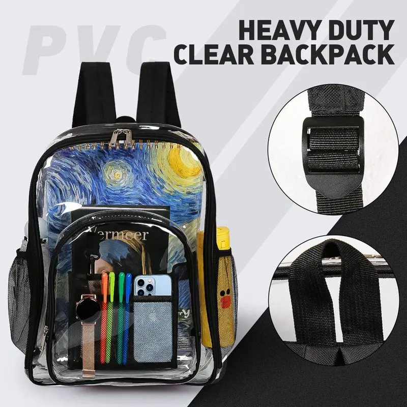 Waterproof Clear Backpack Heavy Duty PVC Transparent Large Capacity Backpack with Reinforced Strap for School, Work, Stadium, Tr