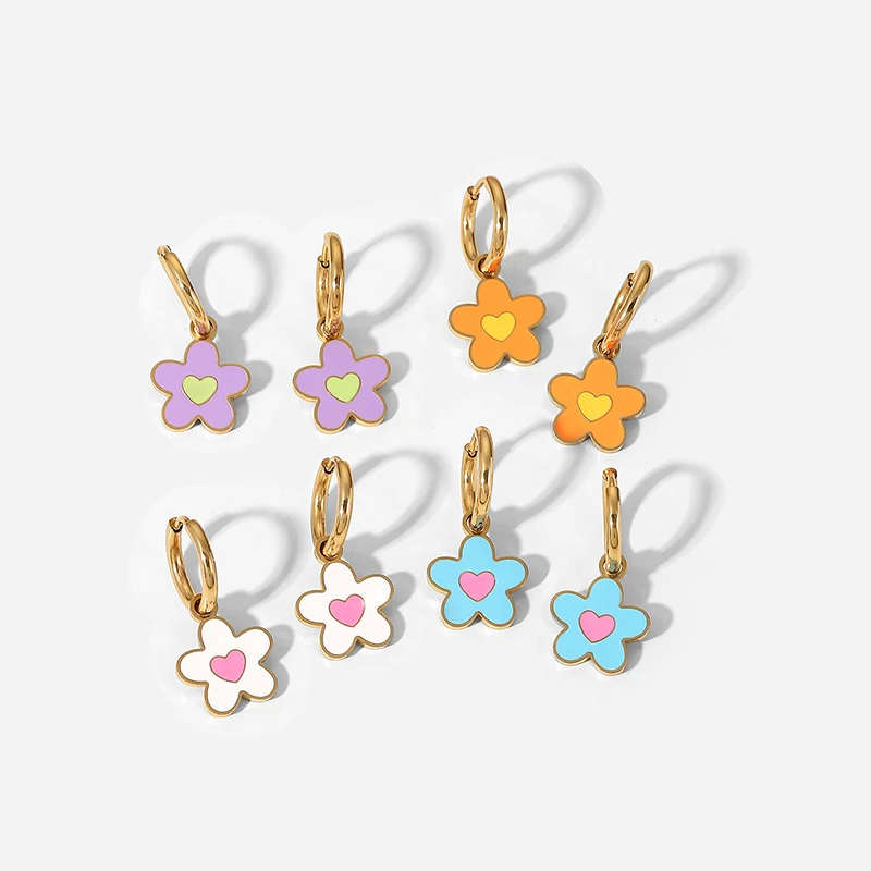 

Trendy Summer Colorful Flower Heart Huggie Earring Cute Candy Color Enamel Hangle Earrings for Women Waterpoof Fashion Jewelry