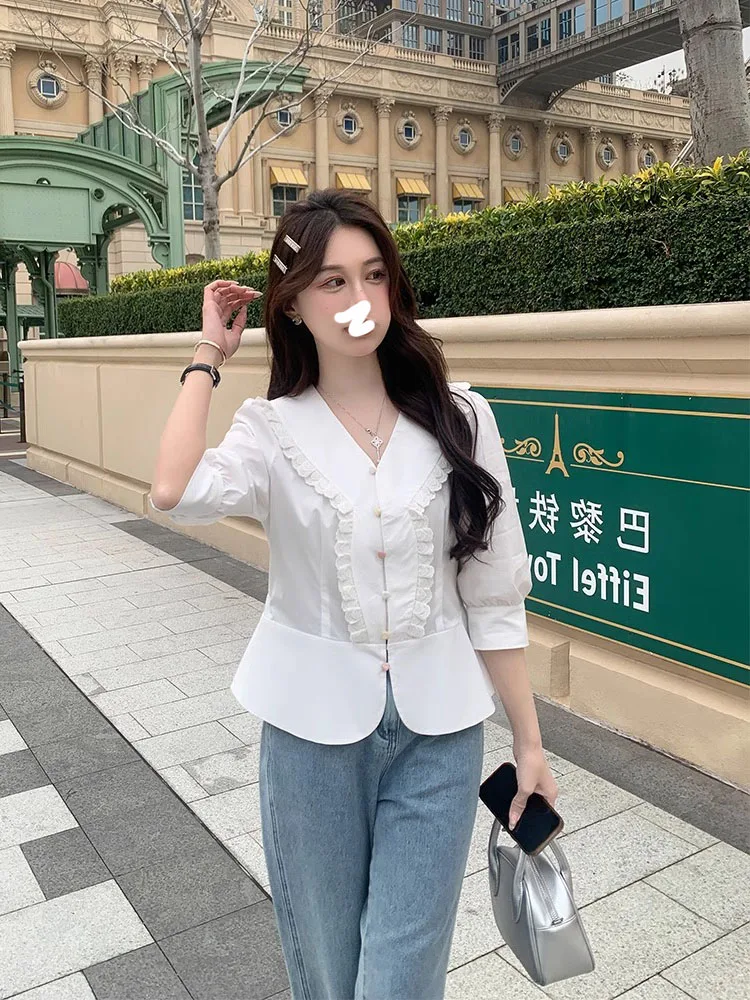 Элегантные модные белые рубашки с V-образным вырезом осенние женские пикантные