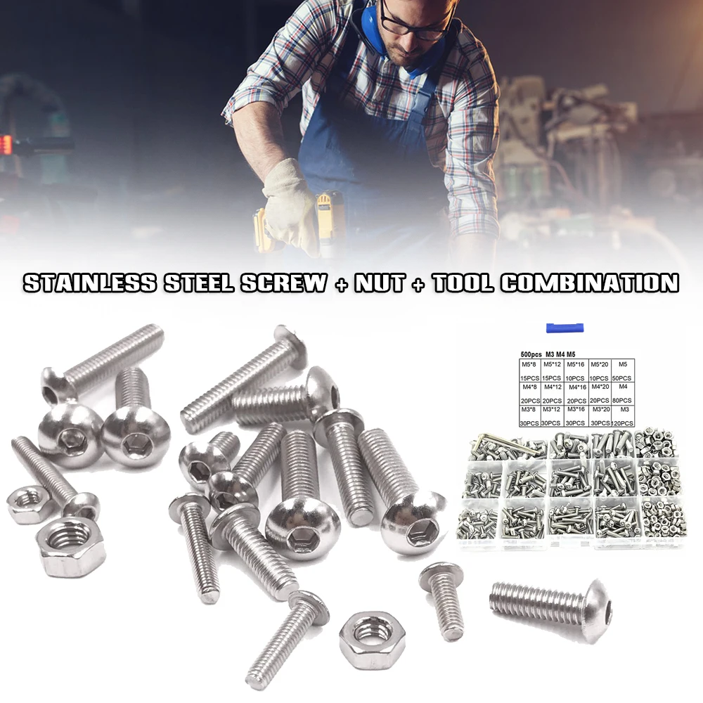 

HOT 500Pcs M3/M4/M5 Screw Set Stainless Steel Hexagon Flat Pan Half Round Head Nut Wall Anchors and Screws for Drywall