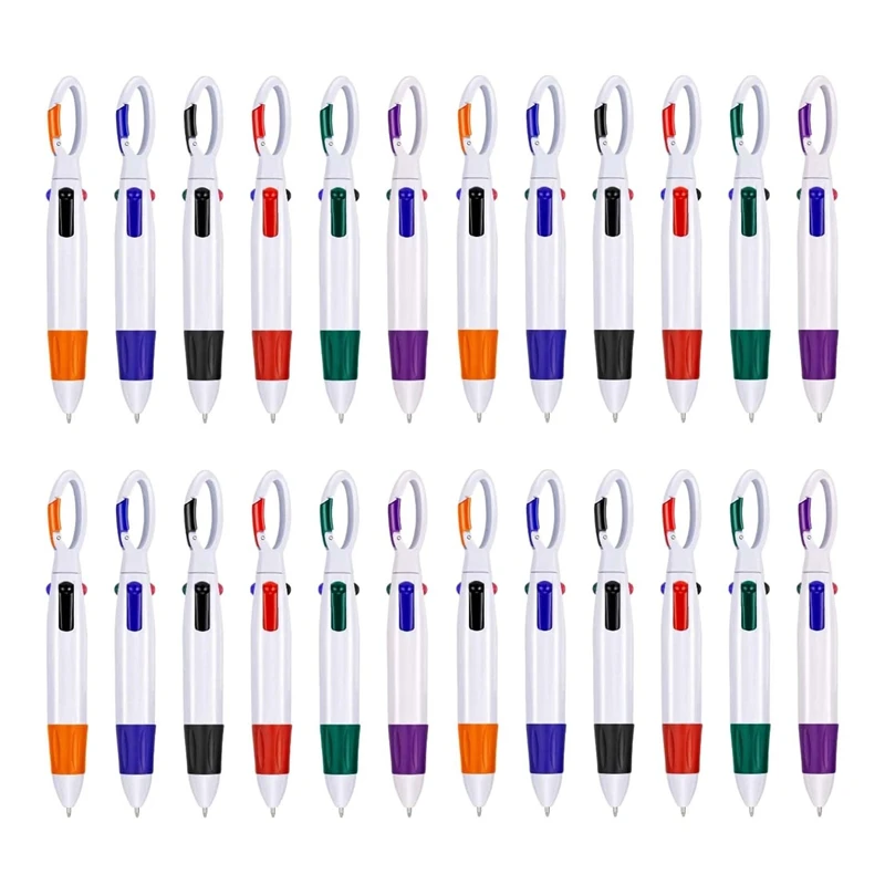 

24 Pcs Shuttle Pens 4-In-1 Multicolor Retractable Ballpoint Pens With Buckle Keychain On Top For Office School Supplies