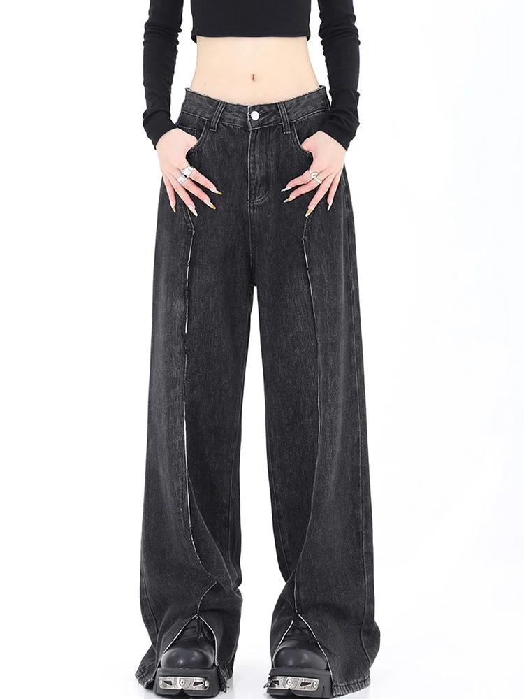 

Женские прямые джинсовые брюки в стиле ретро с высокой талией, свободные широкие брюки из денима с разрезом в стиле Харадзюку, винтажные жен...