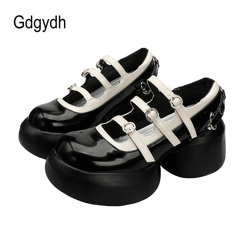 Gdgydh Big Toe Thick Bottom Womens Mary Jane Shoes JK Harajuku Japanese Style Buckle Strap Leather Shoes Woman Patchwork