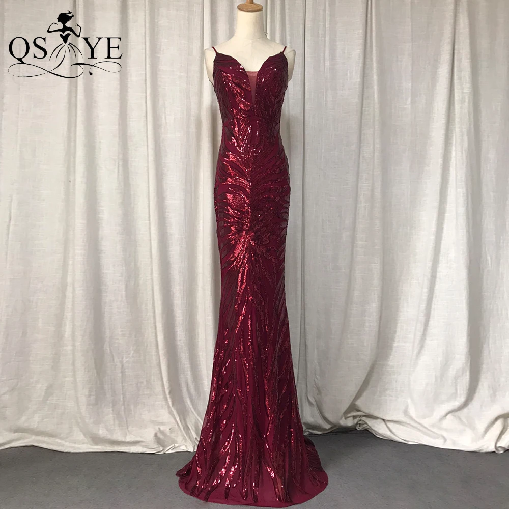 

Burgundy Petal Lace Evening Dresses Sequin Mermaid Prom Gown Triangle Net V Neck Formal Dress Spaghetti Straps Women Party Dress