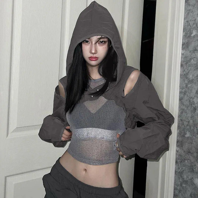 

Hollow Out Loose Fashionable Girl Hooded Outwear , Sexy Solid Color Street Style Single-breasted Ultra-short Jacket for Women