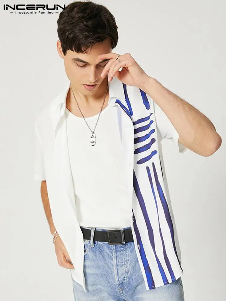 

INCERUN Tops 2022 Fashion Casual Men Short Sleeve Stitching Shirts Stylish Male Hot Sale Striped Leisure Button Up Blouse S-5XL