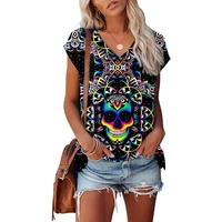 womens sexy v neck pullover skull printed t shirt 2022 spring autumn casual long sleeve loose ladies oversized t shirt tops