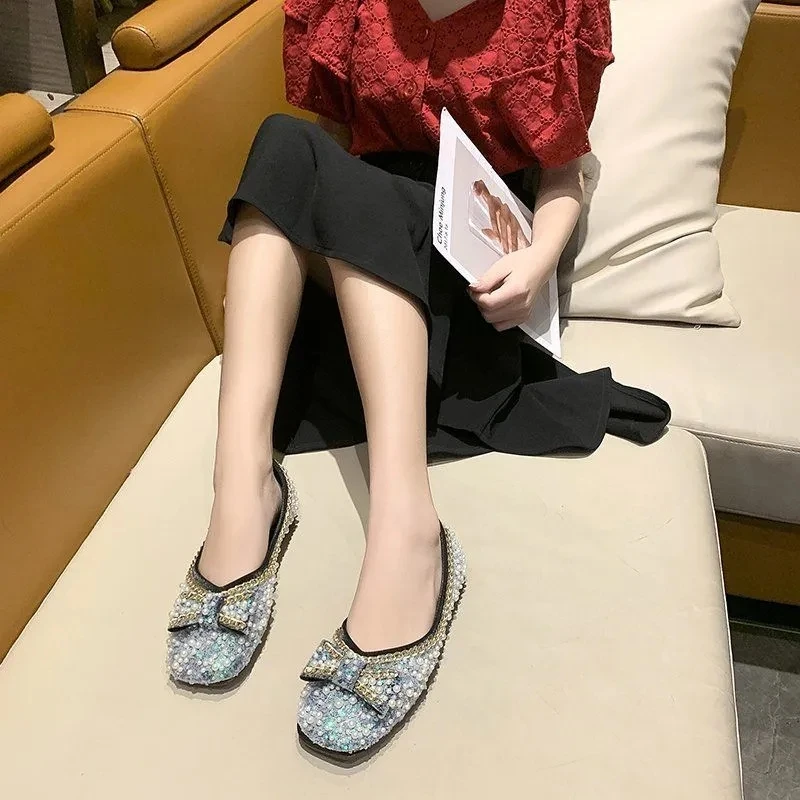 2022 new spring and autumn women's fashion pearl bow party women's shoes comfortable beaded round toe maternity flat shoes