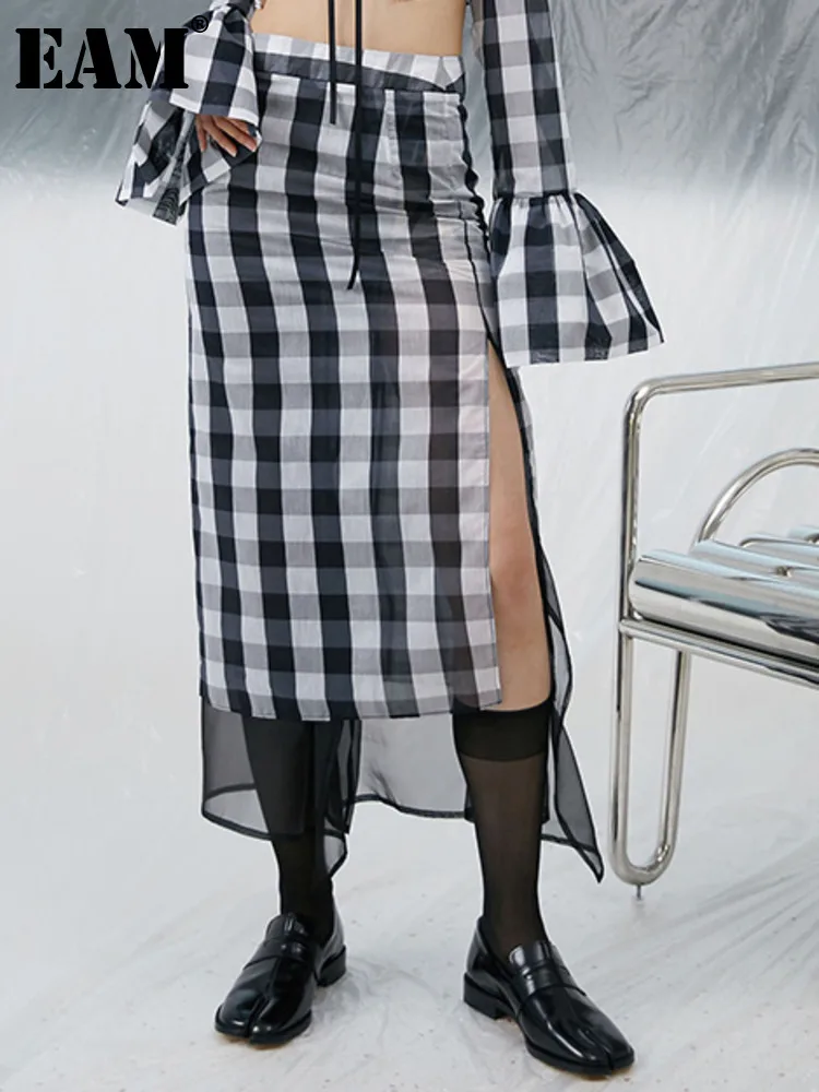 

[EAM] High Waist Black Mesh Spliced Plaid Long Hem Slit Half-body Skirt Women Fashion Tide New Spring Autumn 2022 1DE2657