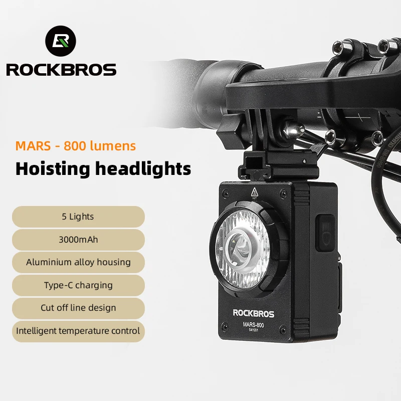 

ROCKBROS Bike Light Hoisting Headlight Wire Control Aluminum Alloy Shell Acrylic Lens 800LM Cycling Light With Garmin Base Lamp
