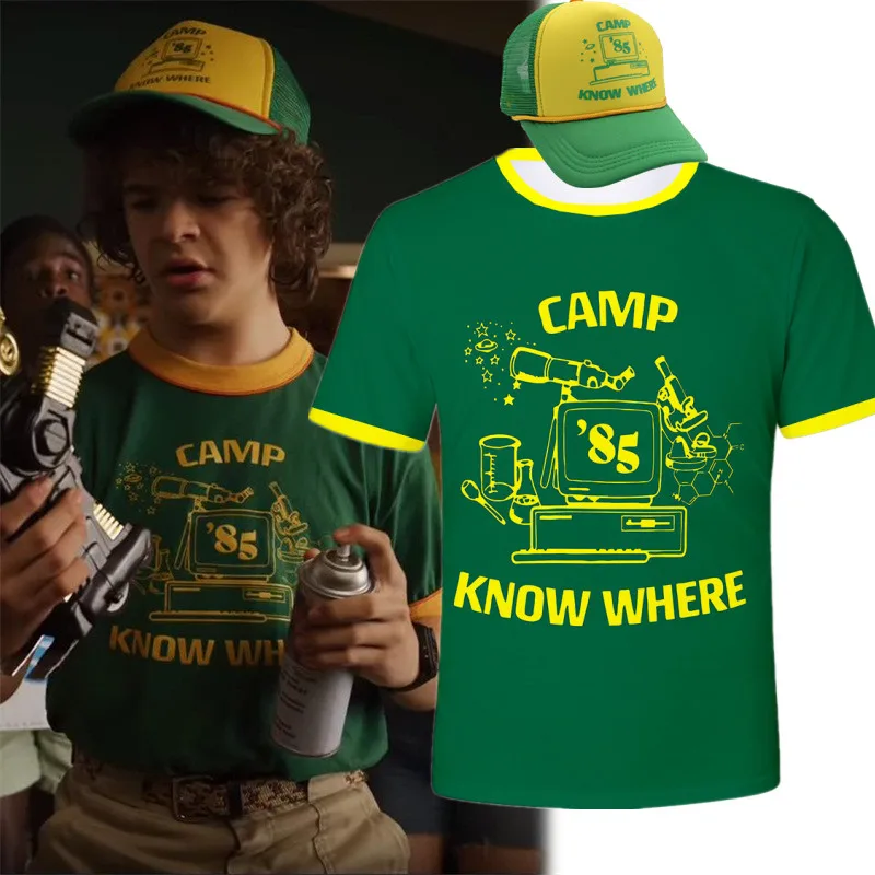 

Movie Stranger Things 3 Cosplay Costumes Green 3D Printed Green Yellow Short Sleeve T-shirt Dustin Henderson Baseball Cap