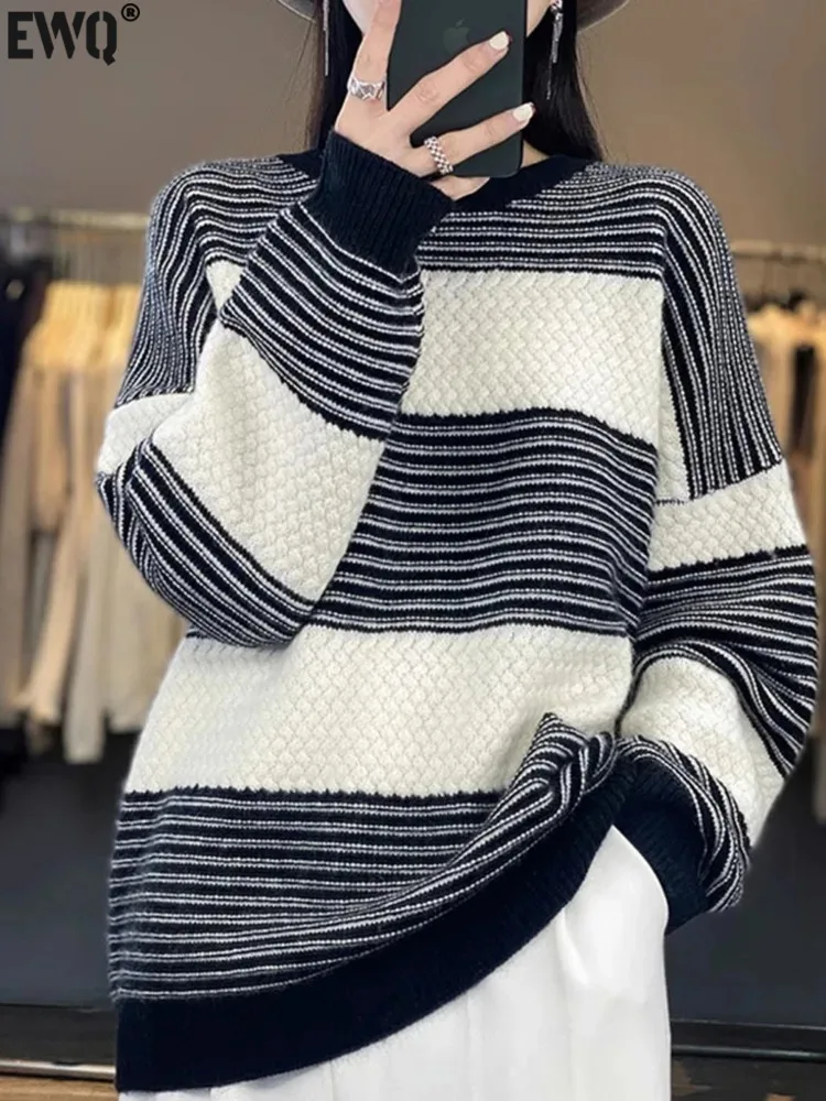 

Женский трикотажный свитер в полоску [EWQ], черный шерстяной пуловер контрастных цветов с круглым вырезом и длинным рукавом, кашемировый джемпер, 16U6479, Осень-зима 2023