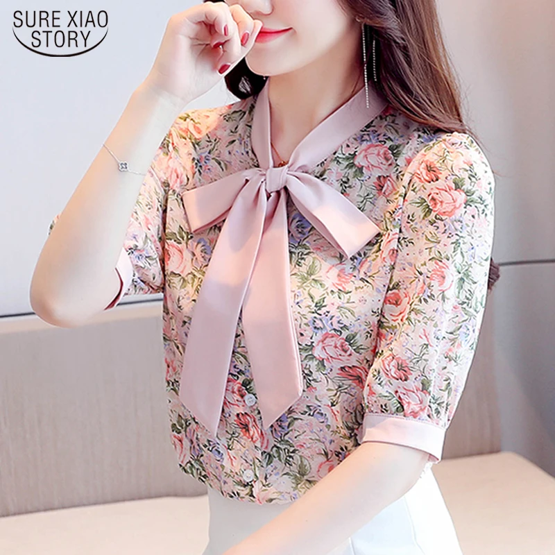 

Floral Print Bow Chiffon Shirts Elegant Women 2021 Fashion Summer Blouses Short Sleeve Korean Loose Tops Female Blusas 9543