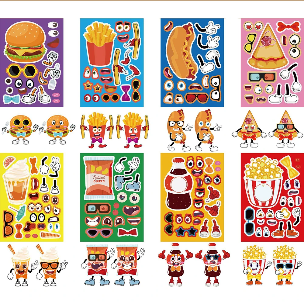 

8/16Sheets Make Your Own Food Puzzle Stickers Children Game Cartoon Pizza Burger Coke Assemble Jigsaw Funny Kids Party Toys Gift