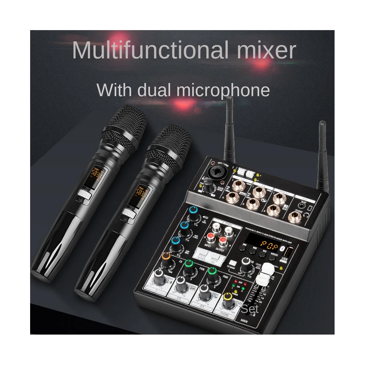 

4 Channel USB Audio Mixer with Wireless Microphone Studio Sound Mixers with Bluetooth REC DJ Console Mixing B