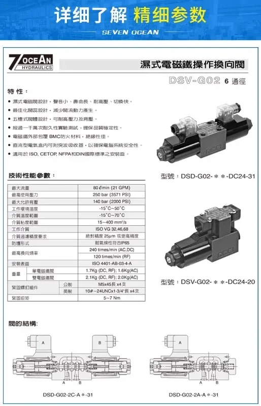 Электромагнитный клапан 7OCEAN DSV-G02-2A/2C/2N/6C/8C-DC24/A110/A220-90/82