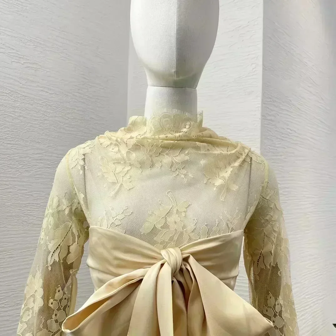 Бежевая 2024 новая винтажная высококачественная шелковая кружевная облегающая