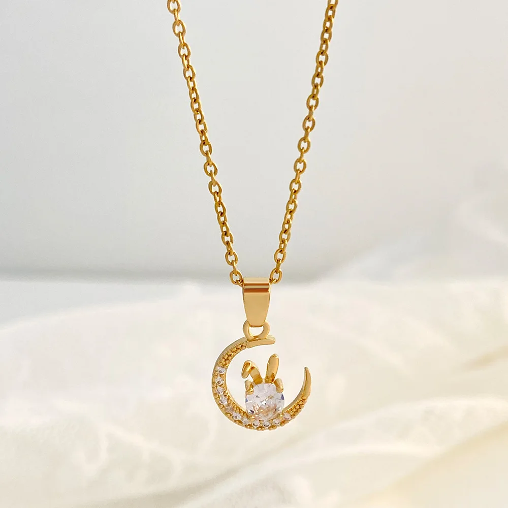 

Under The Moon Rabbit Necklace Chinese New Year Trendy Cute Rabbit Temperament Simple Pendant Clavicle Chain for Girlfriend Gift