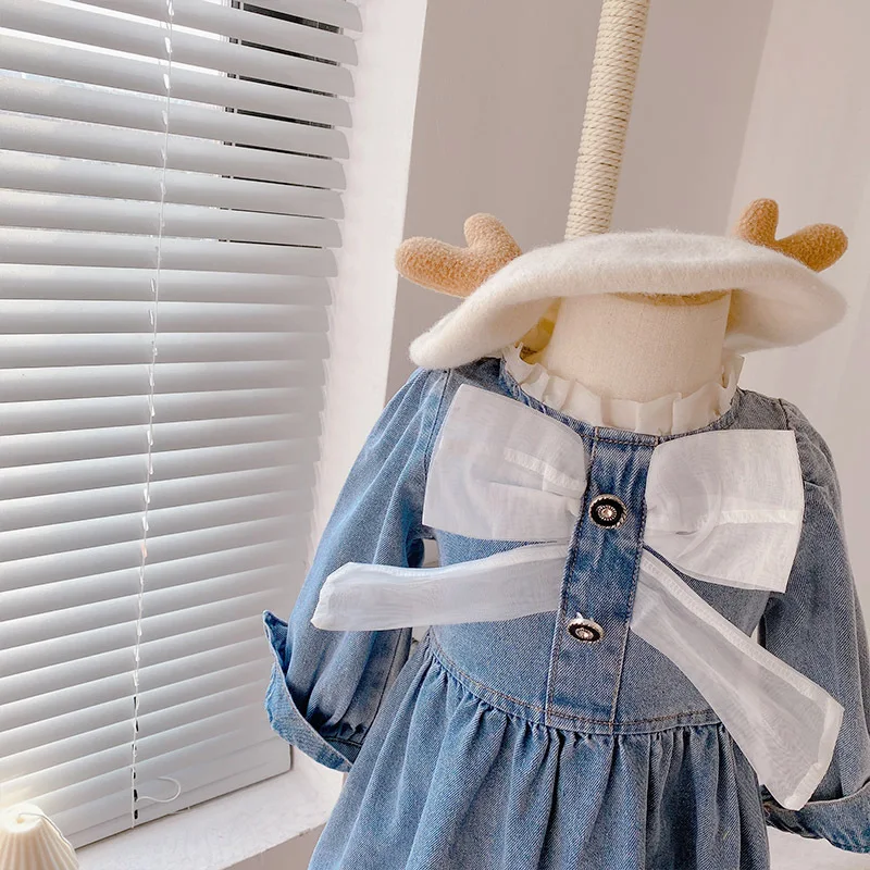 

2022 Autumn Kids Dresses Casual New Fashion Costumes Cute Denim Children Clothing Baby Girls Full Sleeve Bow Dress