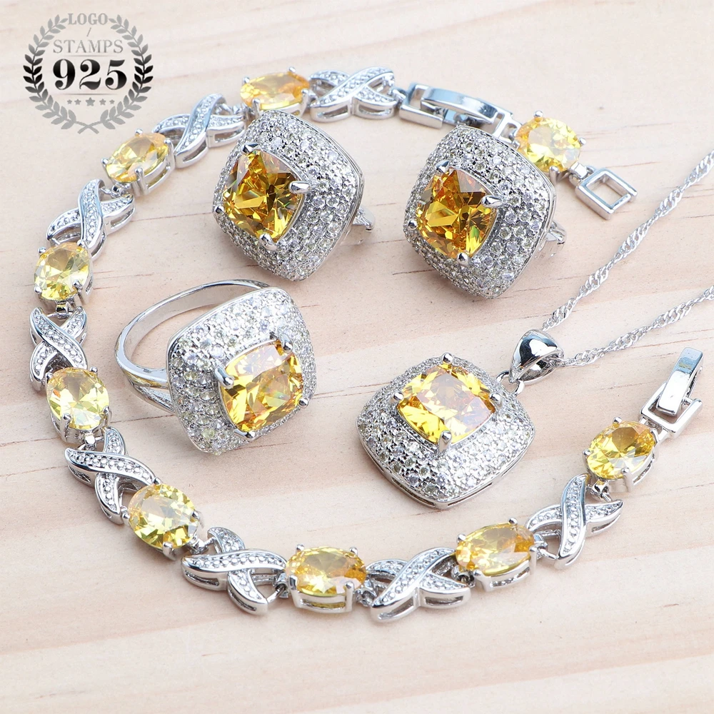 

925 Sterling Silver Jewelry Sets Bridal For Women Rings Wedding Jewelry Yellow Zircon Earrings Pendant Necklace Bracelets Set