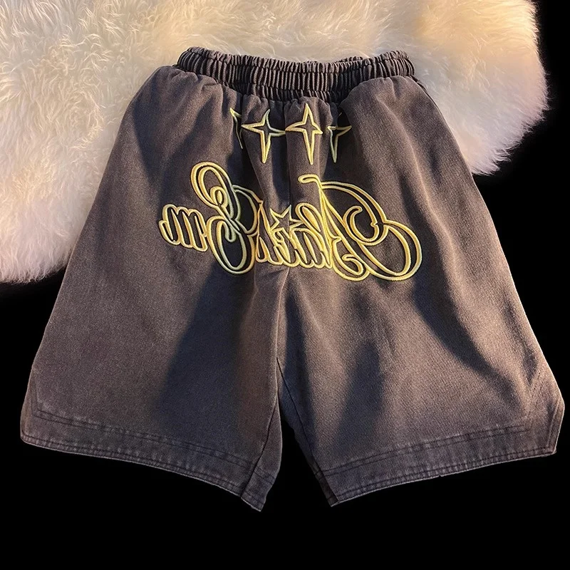 Harajuku Style Casual Shorts Summer Women Fashion Embroidery Letters Denim Shorts Girl Loose High Street Blue Short Pants Female