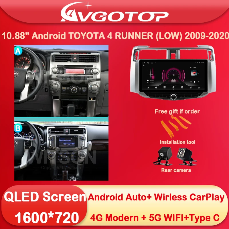 

10.88 Android 13 Car Radio Multimedia for TOYOTA 4 RUNNER (LOW) 2009 - 2020 Type-C charging DSP 4G sim card 5G WIFI Carplay Auto