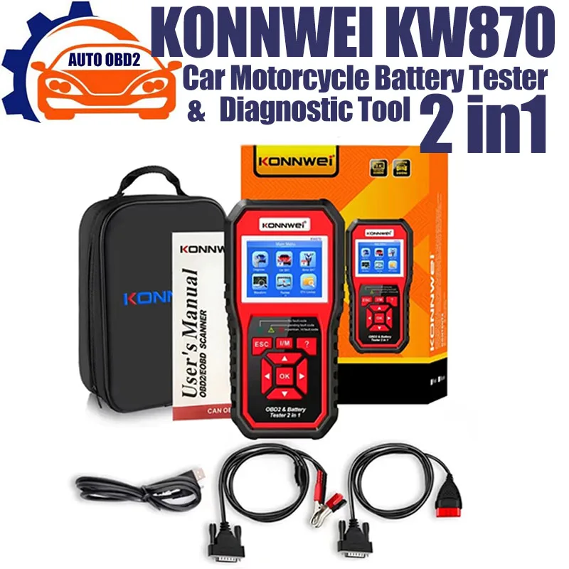 KONNWEI KW870 Car and Motorcycle Battery Tester 6V 12V OBDII Car Diagnosis Scanner 2in1 Cranking Charging Test Tool /KW208 KW681