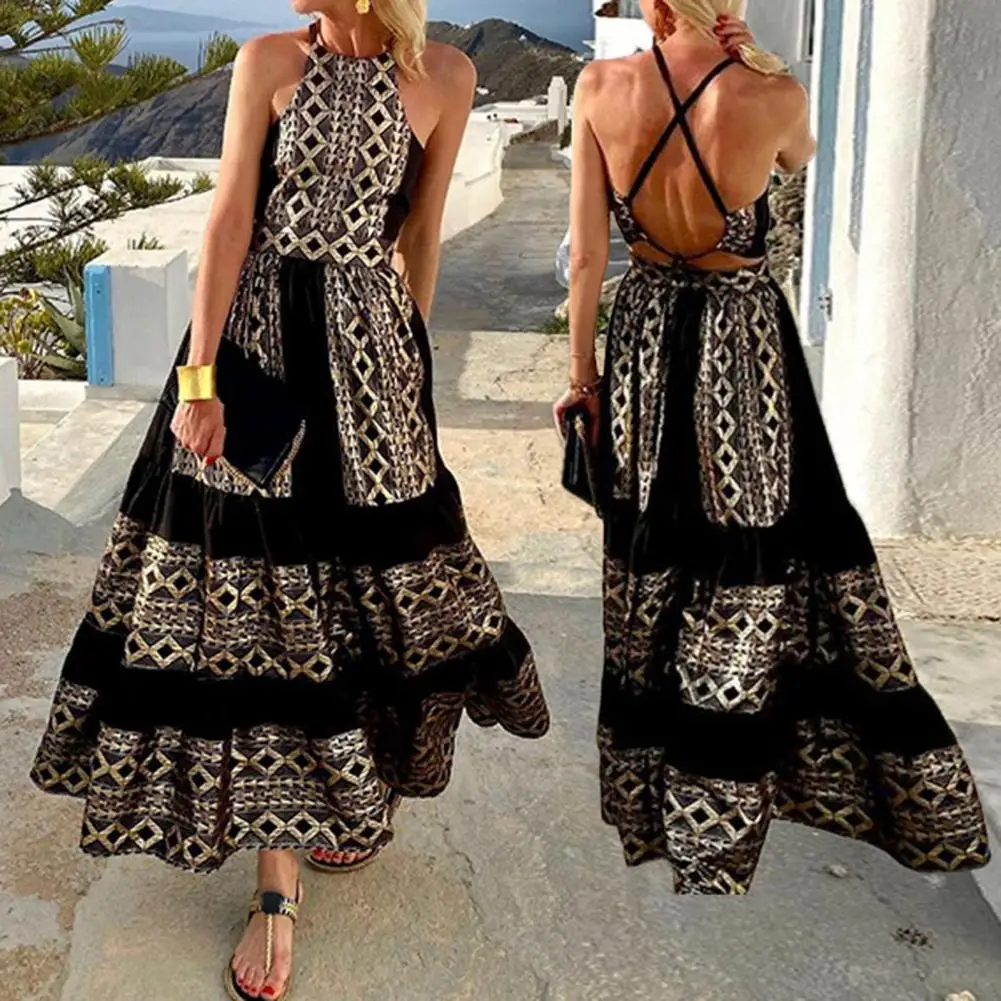 

Beach Dresses For Women 2022 Geometric Sexy Halter Lace Up A-line Bohemia Style Backless Maxi Dress Sexy Party Evening Dress