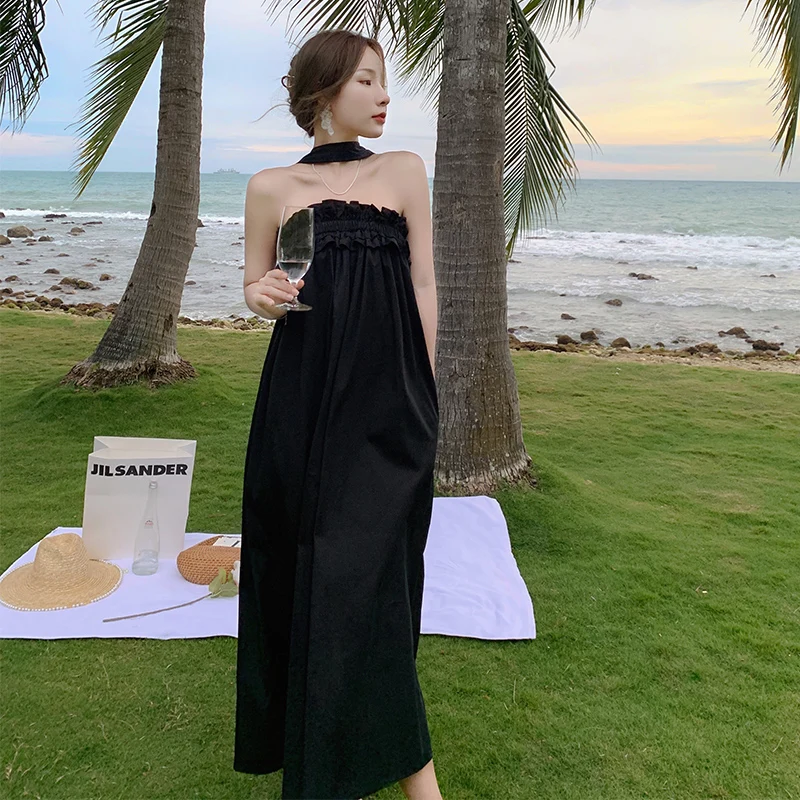 NEW Women Long Black Halter Dress Summer 2022 Runway Elegant Korean Fairy Casual Beach Vacation Party Birthday Dresses