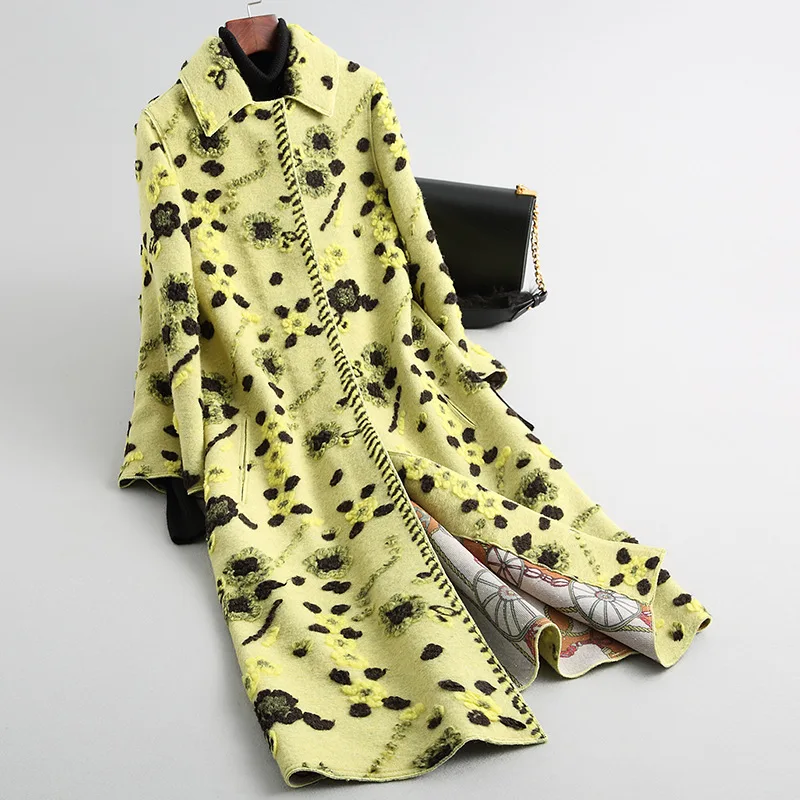 2022 New Winter Real Fur Coat Women Sheep Shearing Jacket Fashion 3D Print Floral Contrast Color Long Clothes Plus Size Tops