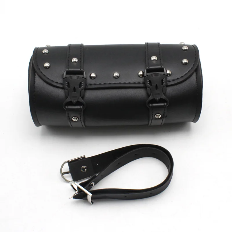 

2022 New Motorcycle Fork Bag Leather Cruiser Tool Roll Barrel Bag Fork Barrel Shape Handlebar Black Saddlebags Storage