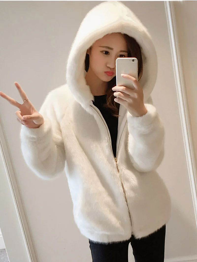 Rabbit Imitation Fur Winter Soft Mink Faux Fur Coat Warm Artificial Fur Hooded Plus Size 2021 Fashion Women Jacket White Black