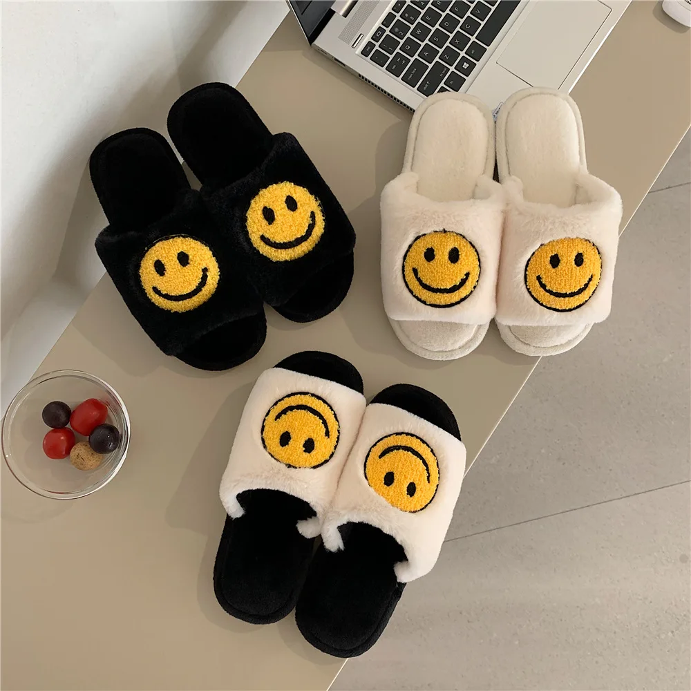 

Winter Womens'Slippers Fluffy Faux Fur Smile Face Household Slippers Shoes for Women Female Home Shoes Dropshipping