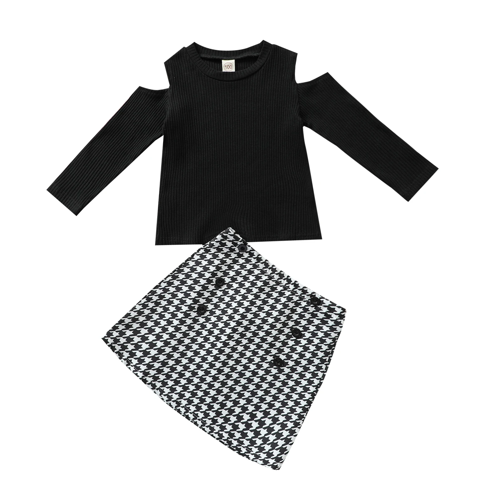 

Повседневная одежда для младенцев, однотонный пуловер с длинным рукавом, открытыми плечами и круглым вырезом + юбка с рисунком «гусиная лап...