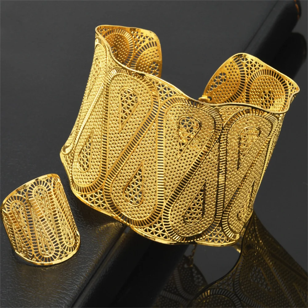 

Dubai Bangle With Ring For Women Adjustable Bracelets Nigerian Wedding Jewelry Set Gifts New Indian Gold Plated Cuff Bangles