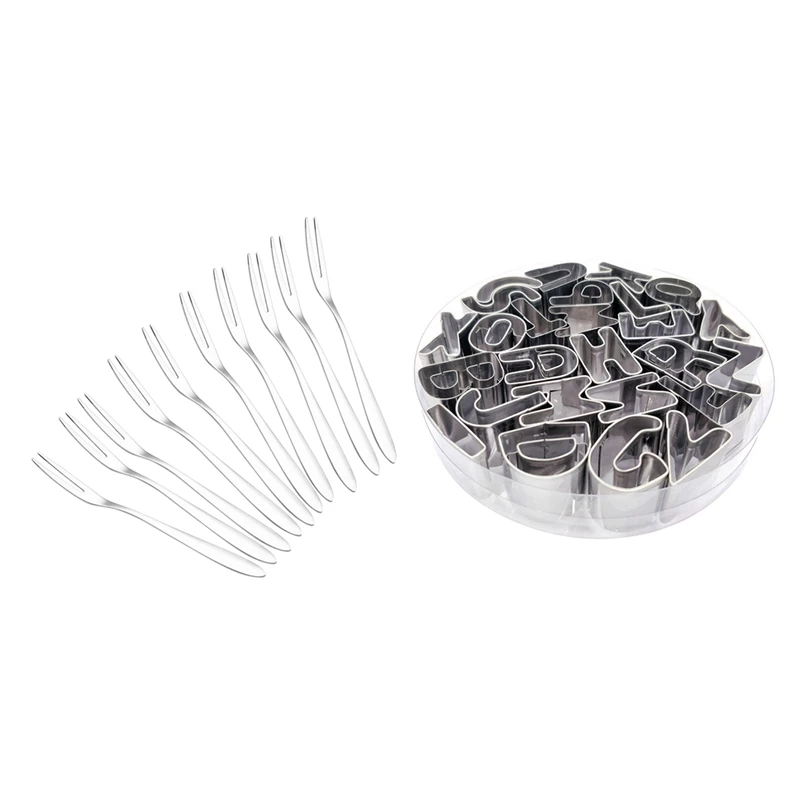 

10Pcs Stainless Steel Reusable Fruit Fork 13Cm & 1Set Stainless Steel Alphabet Letter Cookie Cutters Mold