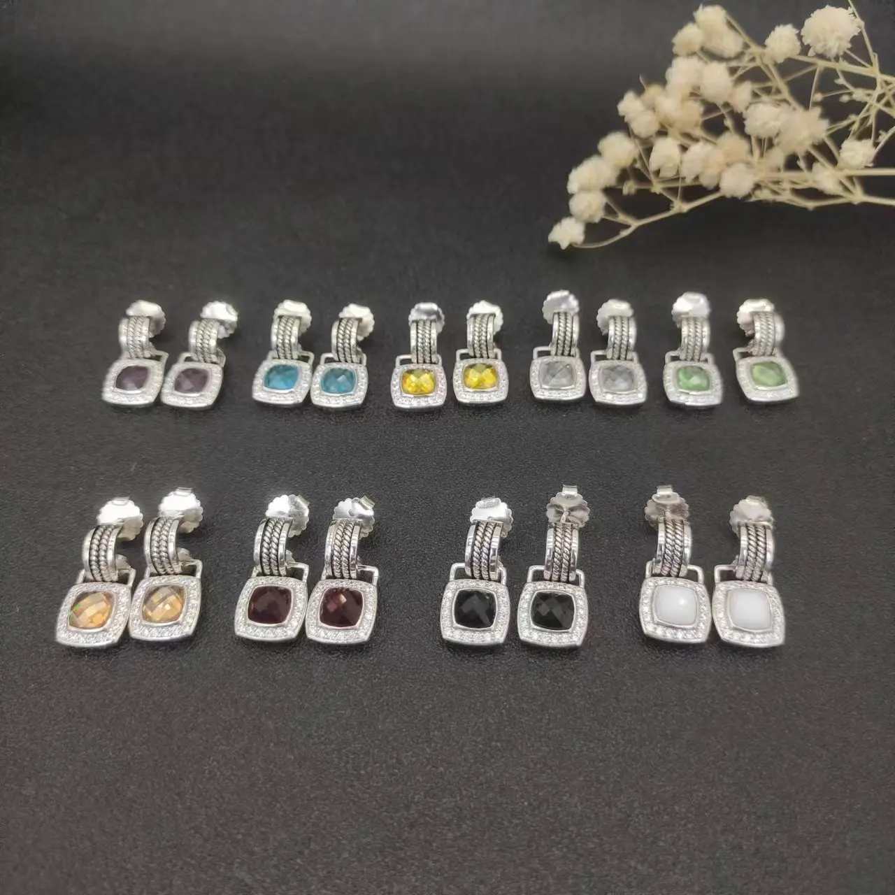 David Yurman Cable Classics Tetragonal stone Earrings in Sterling Silver With Amethyst and Pave Diamonds Jewelers