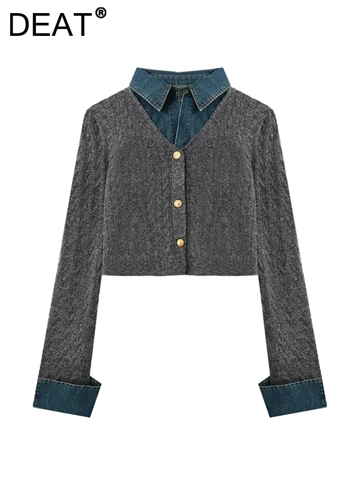 

Женский вязаный свитер DEAT, однобортный короткий кардиган составного кроя из джинсовой ткани с лацканами, модель 29L5351 на зиму, 2023