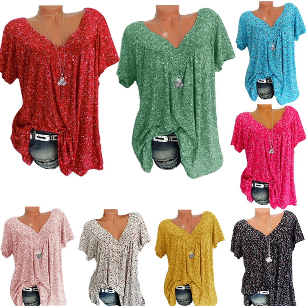 

Summer Women Blouse Casual V-Neck Floral Print Top Loose Hem Short Sleeve All Match Women Shirt V-Neck Women Shirt Plus Size