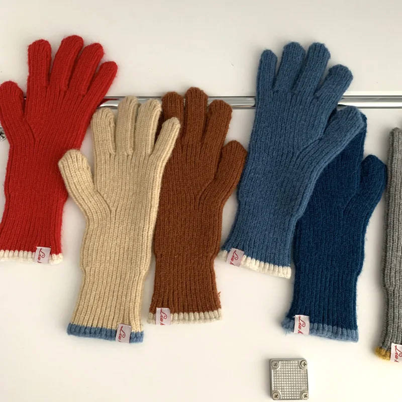 

Pure Color Knitted Woolen Gloves Female Winter Screen Student Riding Split Finger Couple Thick Warm Gloves Women Gloves